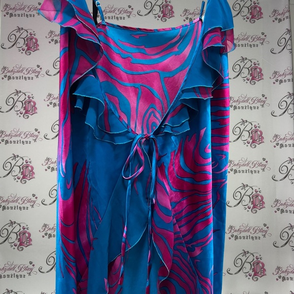 Hawaii Wrap dress satin silky shiny metallic blue & pink gorgeous beach coverup - Picture 7 of 8